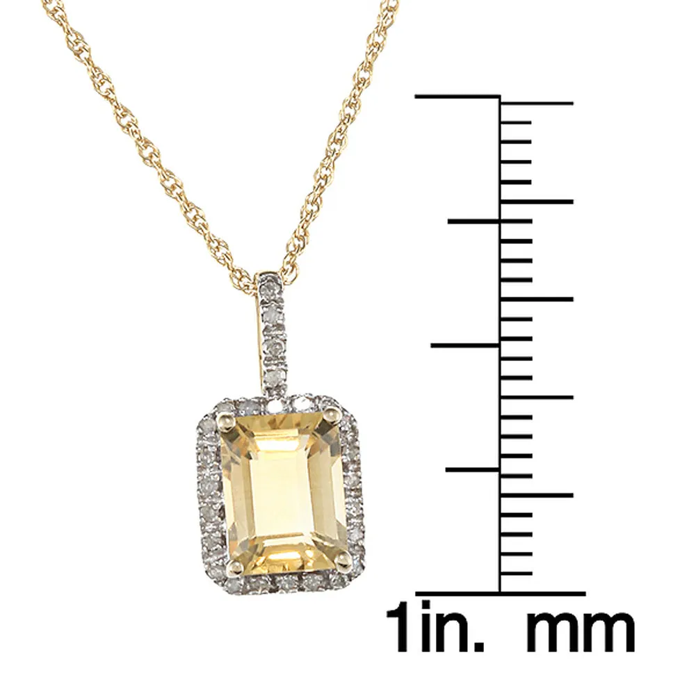 10k Yellow Gold Emerald-Cut Citrine and Diamond Halo Pendant Necklace