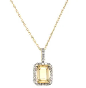 10k Yellow Gold Emerald-Cut Citrine and Diamond Halo Pendant Necklace