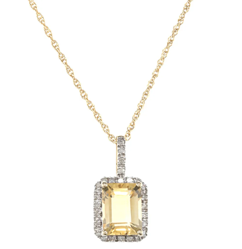10k Yellow Gold Emerald-Cut Citrine and Diamond Halo Pendant Necklace