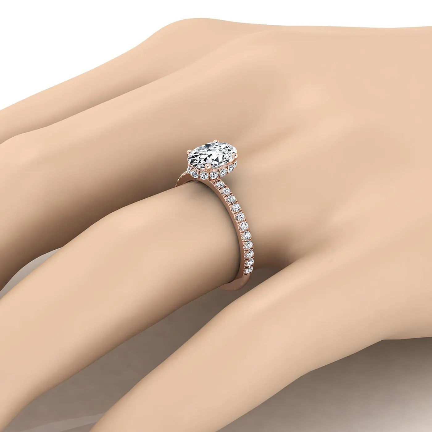 14K Rose Gold Oval Peridot Secret Diamond Halo French Pave Solitaire Engagement Ring -1/3ctw