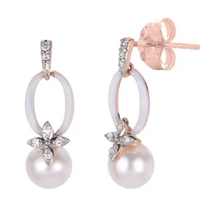 14K Yellow 5.5-6 mm Fresh Water Pearl and Natural Diamond Dangle Earrings