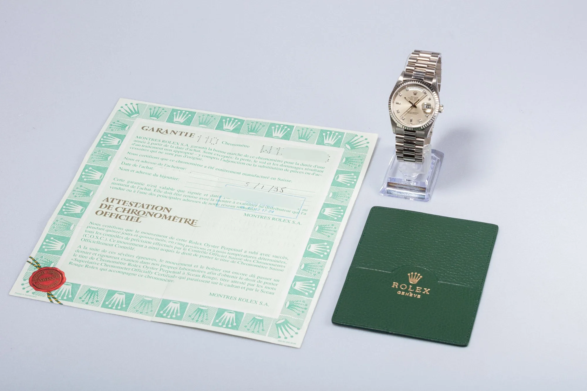 1995 Rolex 18k White Gold Day-Date 18239 with Silver Dial and Diamond Markers with Papers