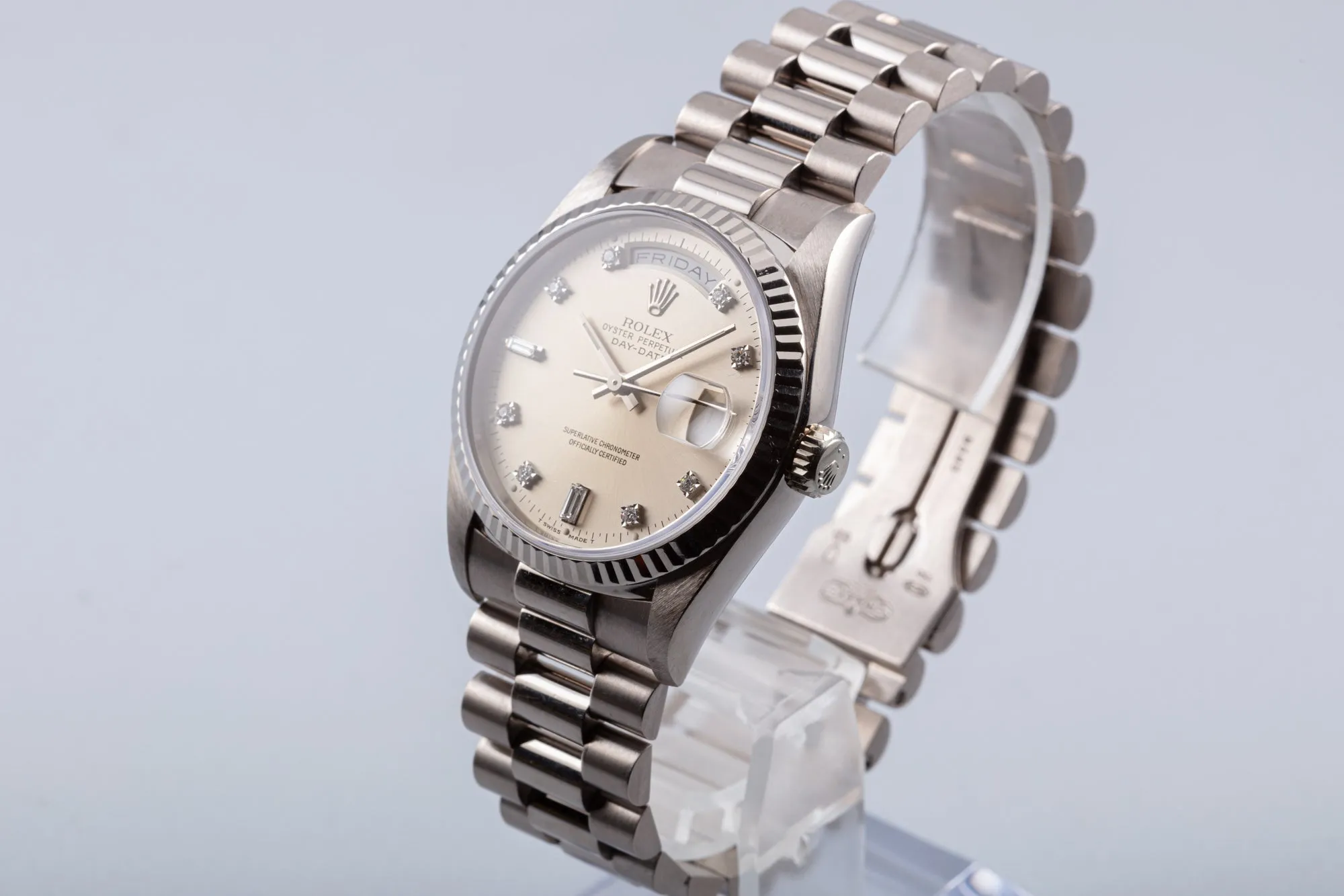 1995 Rolex 18k White Gold Day-Date 18239 with Silver Dial and Diamond Markers with Papers