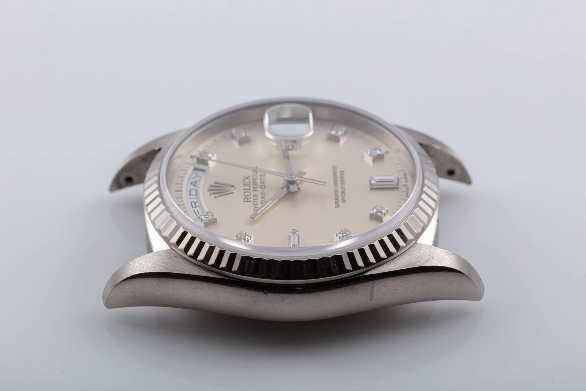 1995 Rolex 18k White Gold Day-Date 18239 with Silver Dial and Diamond Markers with Papers