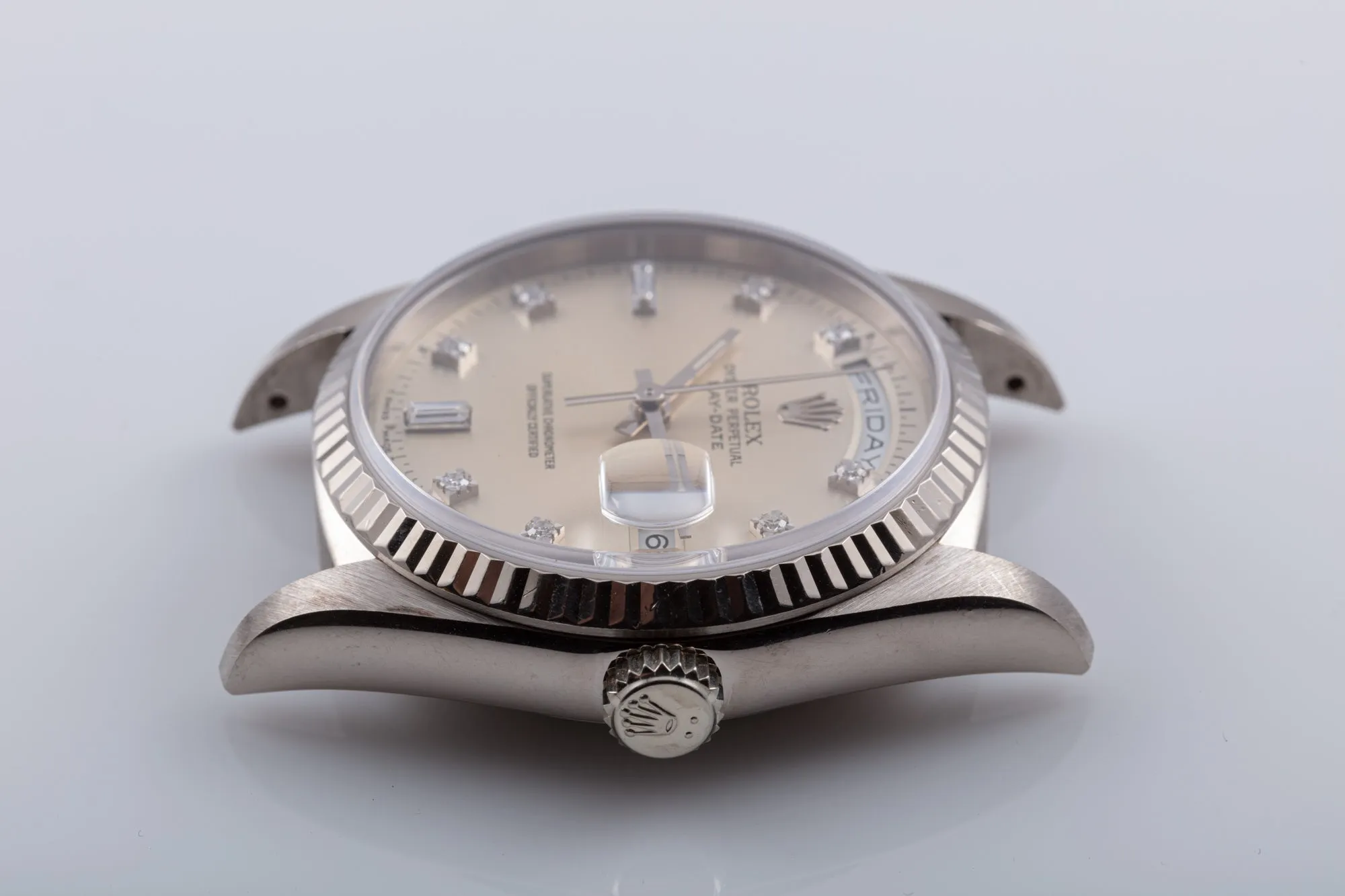 1995 Rolex 18k White Gold Day-Date 18239 with Silver Dial and Diamond Markers with Papers
