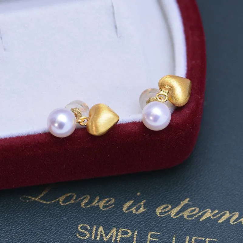 6-7mm White Freshwater Pearl & Heart Gold Earrings