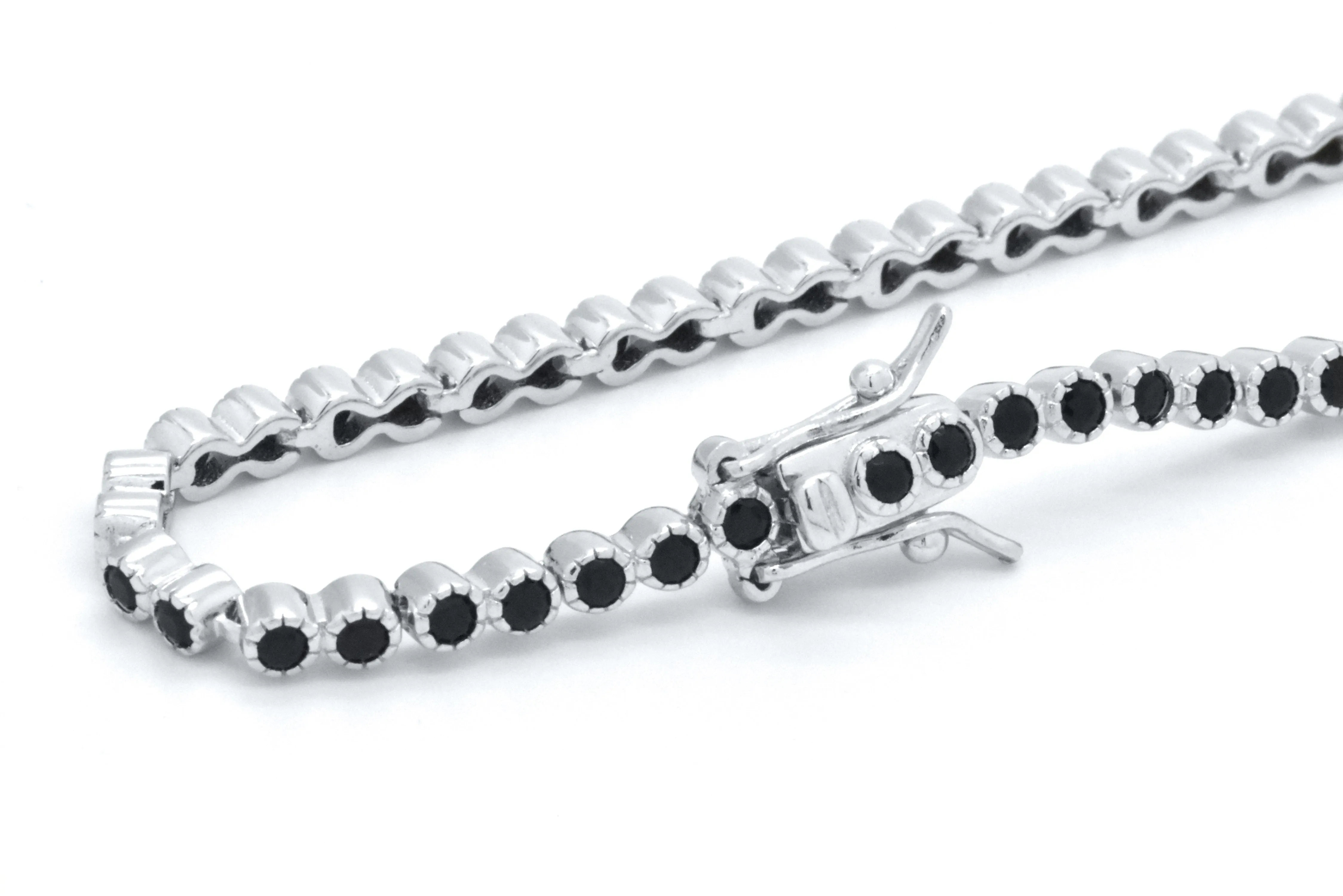 925 Sterling Silver Black Sapphire Dainty Tennis Milgrain Bracelet