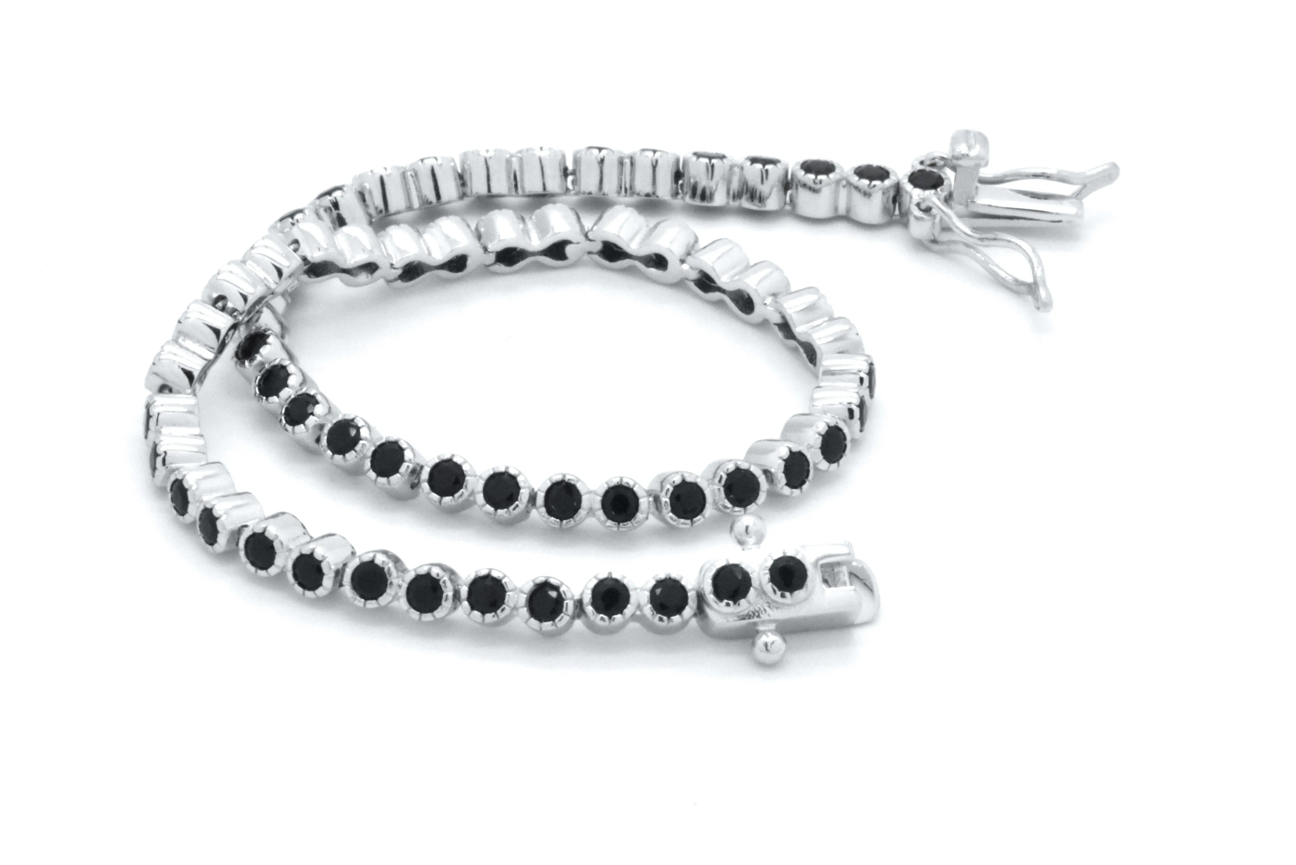 925 Sterling Silver Black Sapphire Dainty Tennis Milgrain Bracelet