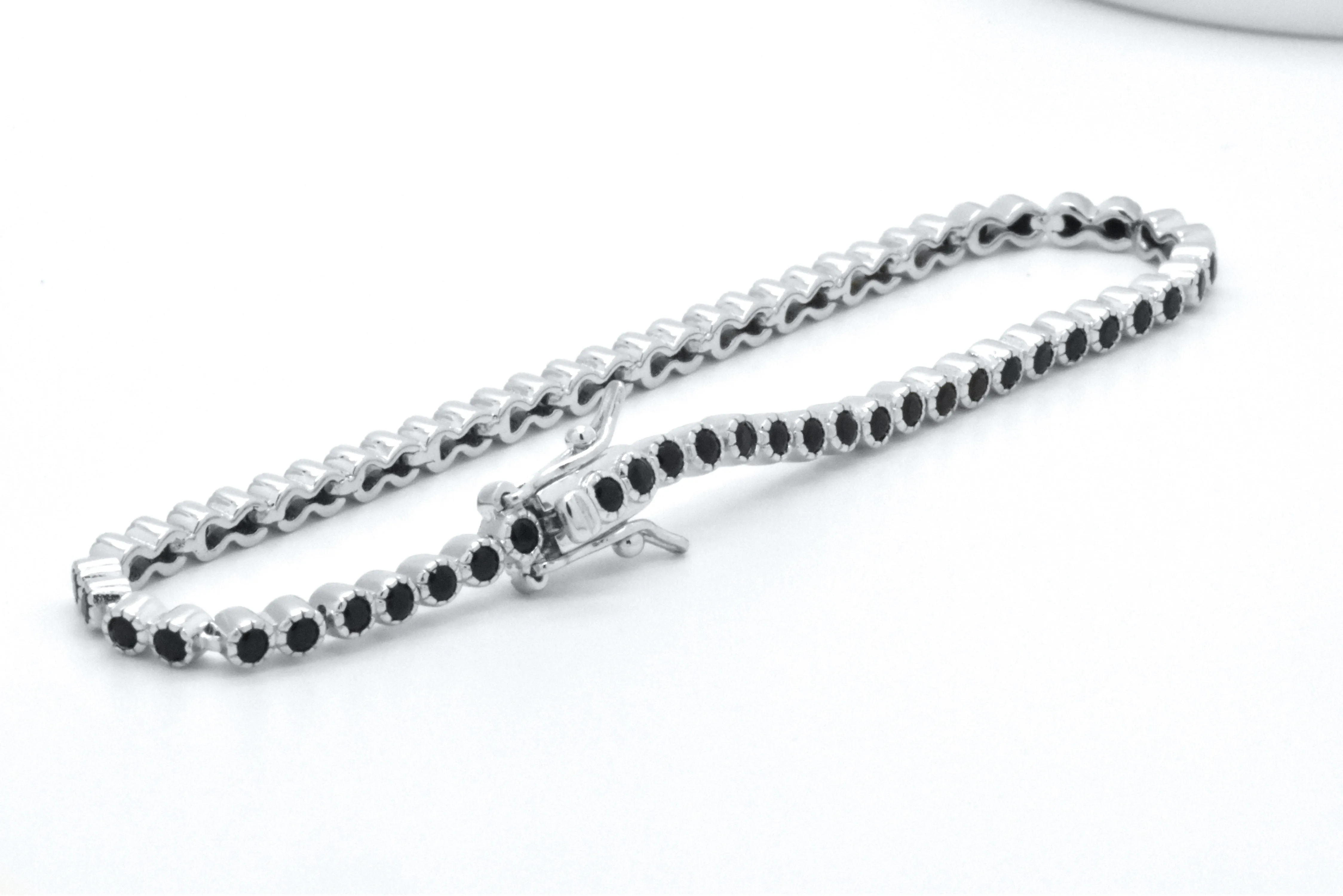 925 Sterling Silver Black Sapphire Dainty Tennis Milgrain Bracelet
