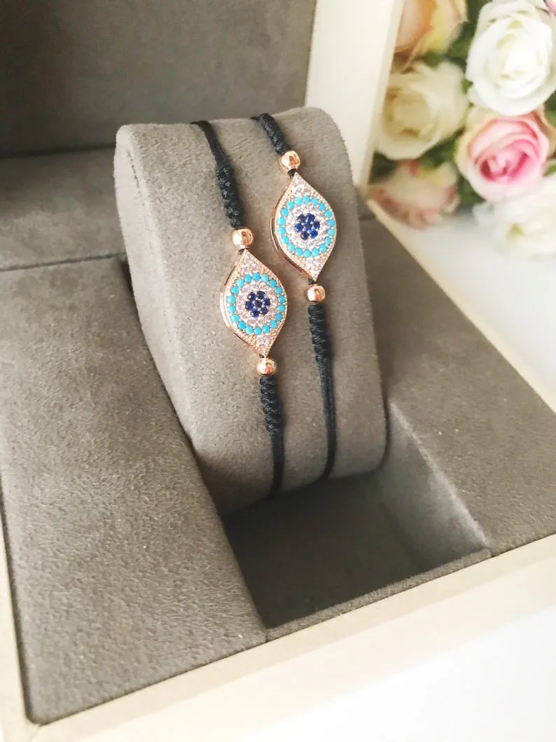 Adjustable Evil Eye Thread Bracelet with Zircon Charm in 4 Colors - Handmade Stainless Steel Jewelry