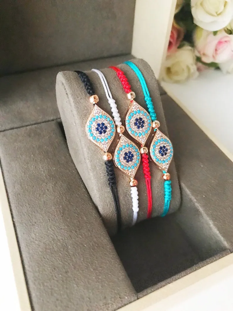 Adjustable Evil Eye Thread Bracelet with Zircon Charm in 4 Colors - Handmade Stainless Steel Jewelry