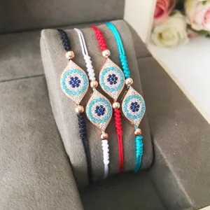 Adjustable Evil Eye Thread Bracelet with Zircon Charm in 4 Colors - Handmade Stainless Steel Jewelry