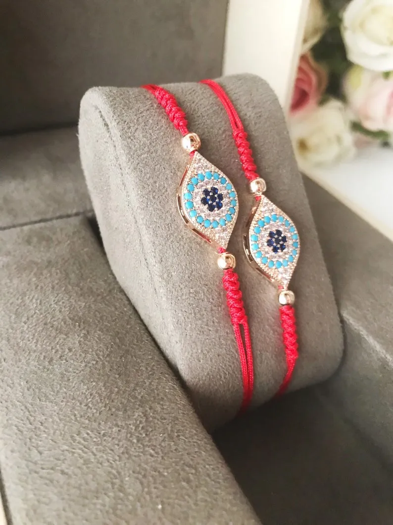 Adjustable Evil Eye Thread Bracelet with Zircon Charm in 4 Colors - Handmade Stainless Steel Jewelry