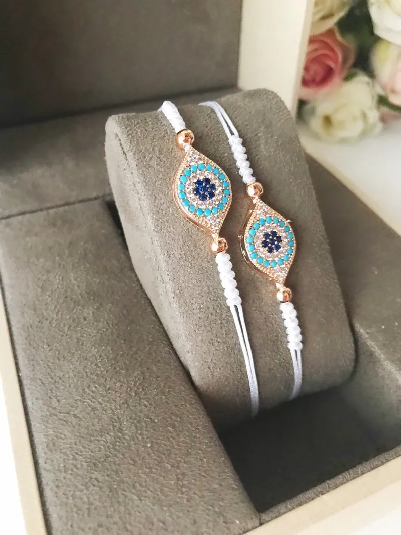 Adjustable Evil Eye Thread Bracelet with Zircon Charm in 4 Colors - Handmade Stainless Steel Jewelry