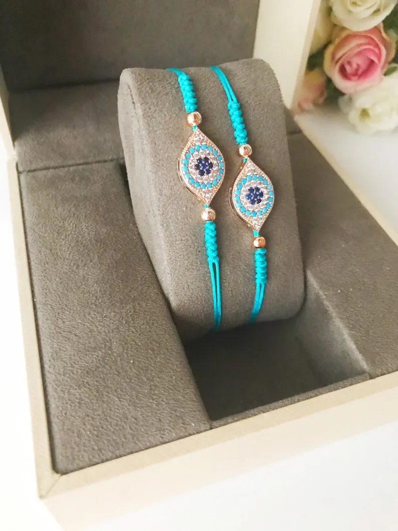Adjustable Evil Eye Thread Bracelet with Zircon Charm in 4 Colors - Handmade Stainless Steel Jewelry