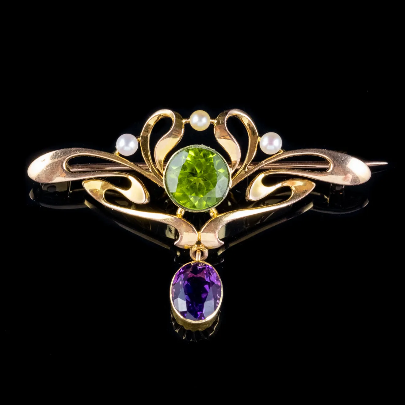 Antique Edwardian Suffragette Peridot Amethyst Brooch 15ct Gold Circa 1910