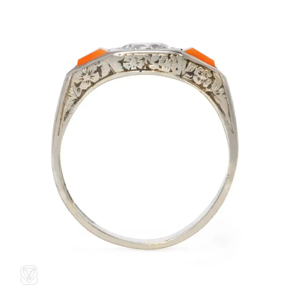 Art Deco coral and diamond ring, France