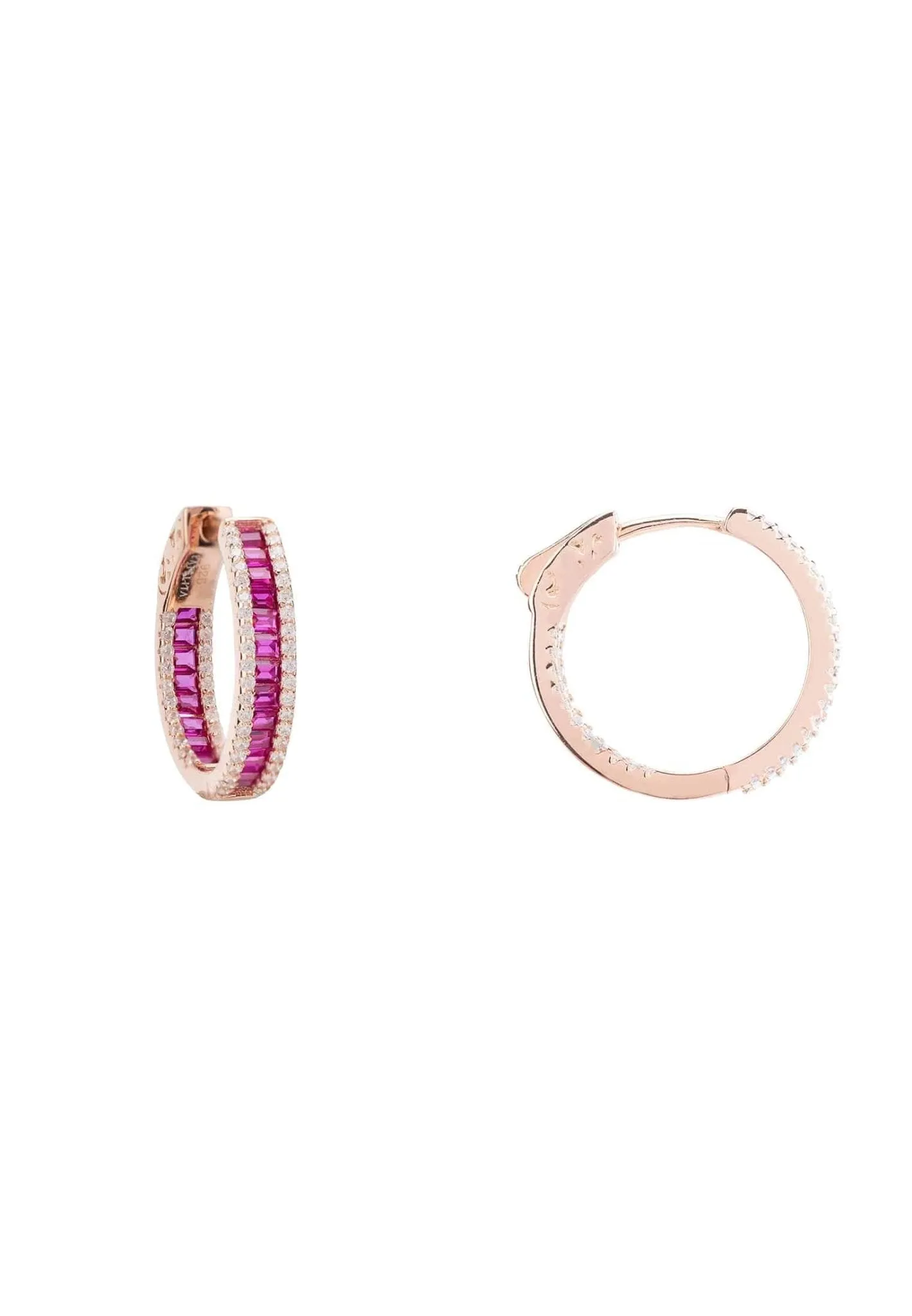 Baguette Hoop Earrings Small Rosegold Ruby Pink