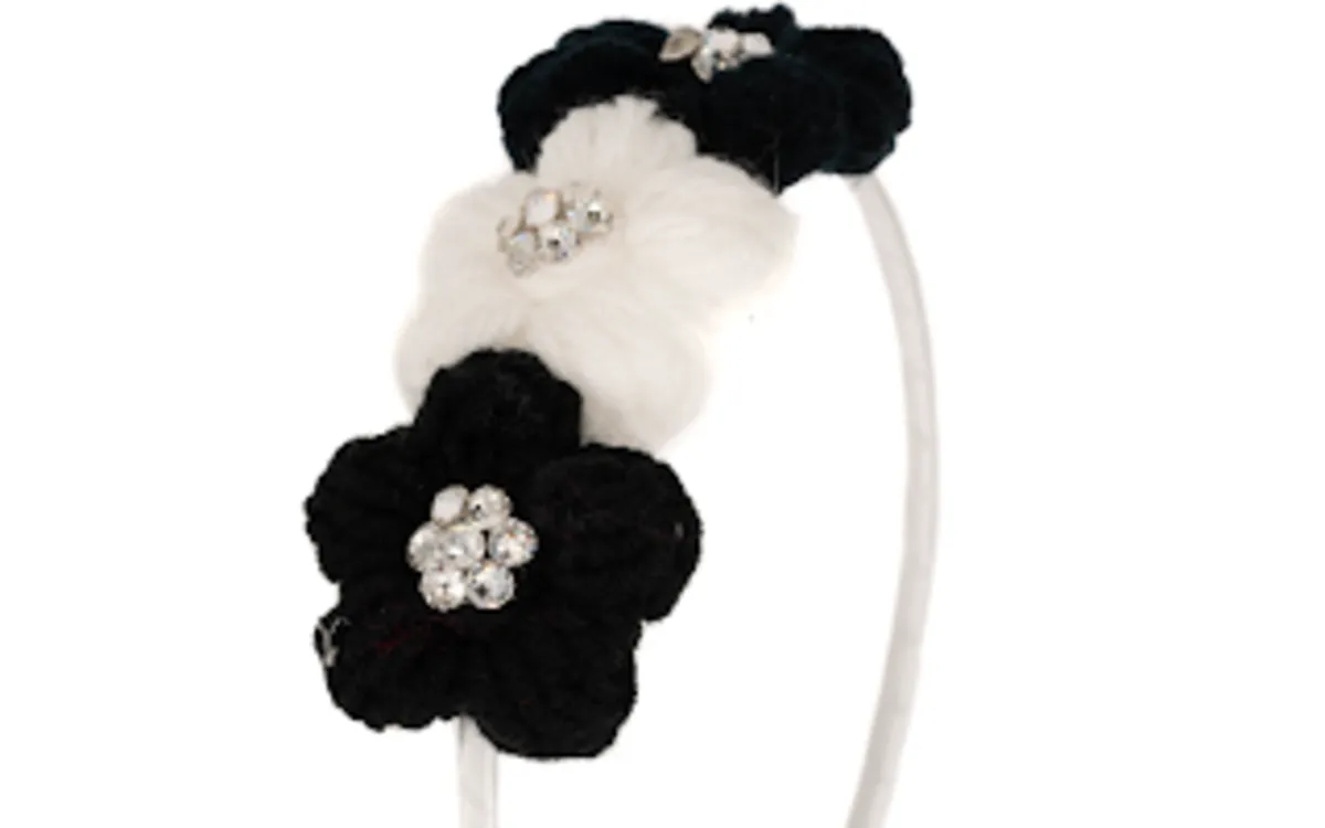 Bari Lynn Crystallized Crochet Triple Flower Headband - Black & White