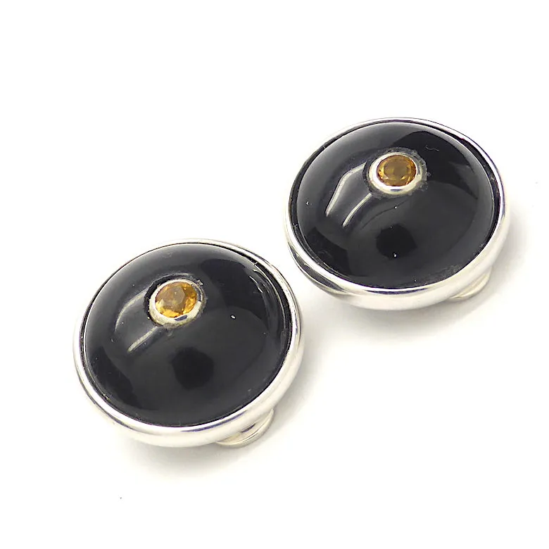 Black Onyx Earrings, Clip, Faceted Citrine, 925 Silver, F1