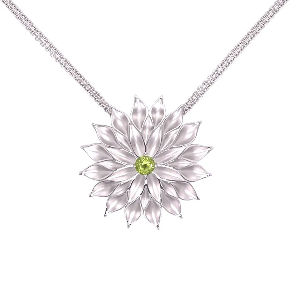 Breuning Stunning Rhodium Plated Silver Flower Pendant with Peridot