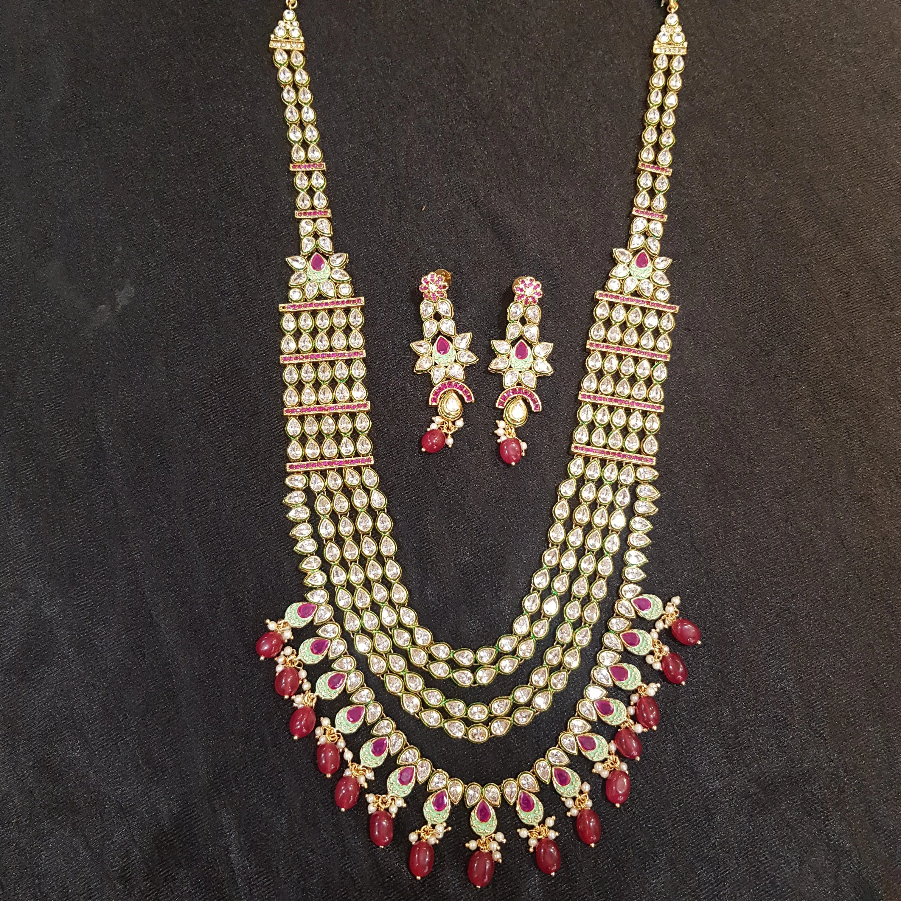 Bridal Ruby Polki Long Necklace Set 20136-7320