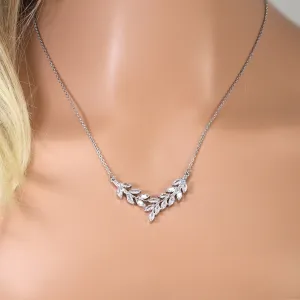 Dainty Forest Leaves Wisper Drop V Necklace Set, Long Bridal Jewelry, Bridal Earrings And Necklace, Statement Earrings Cz Necklace Set.