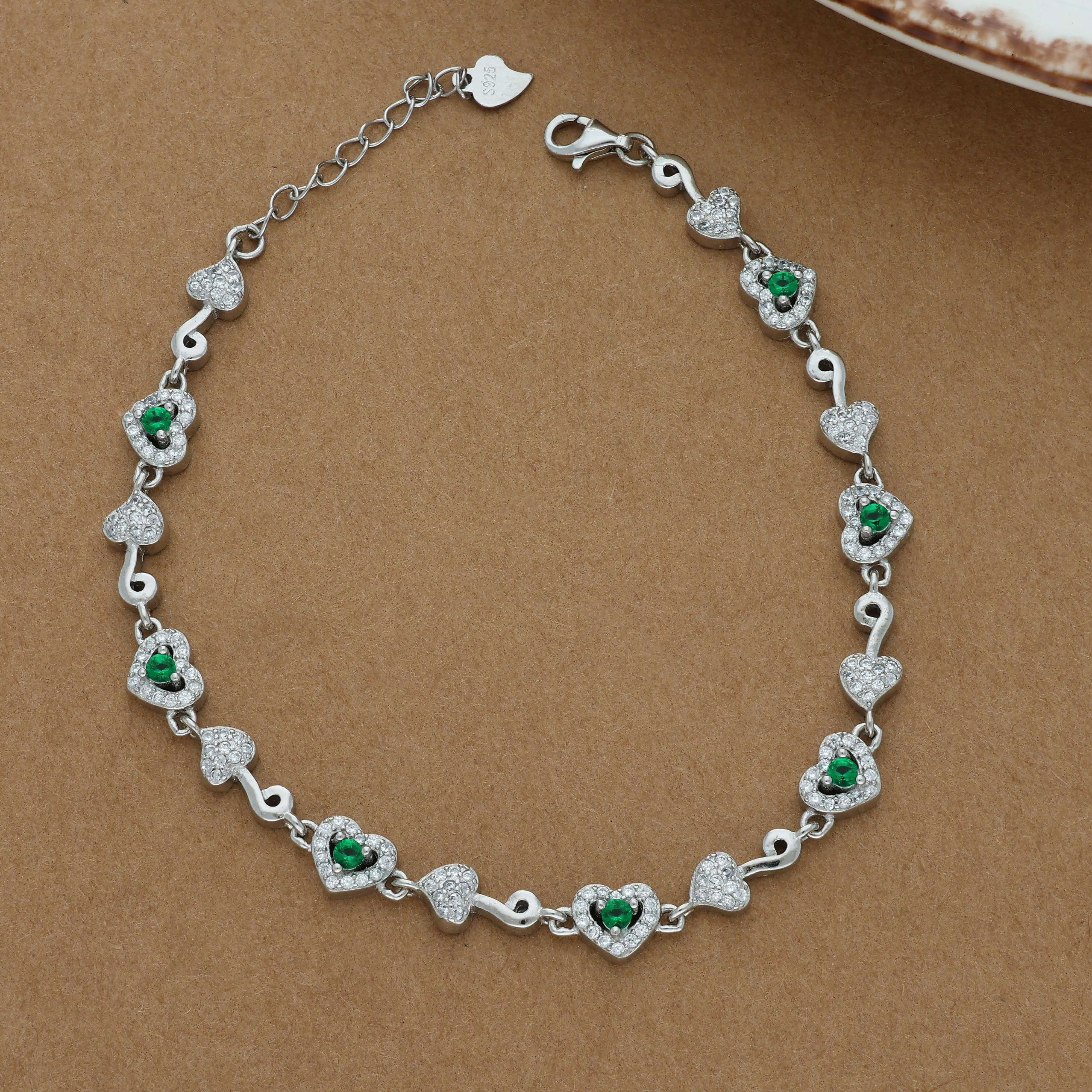 Enchanting Green Heart Silver Bracelet