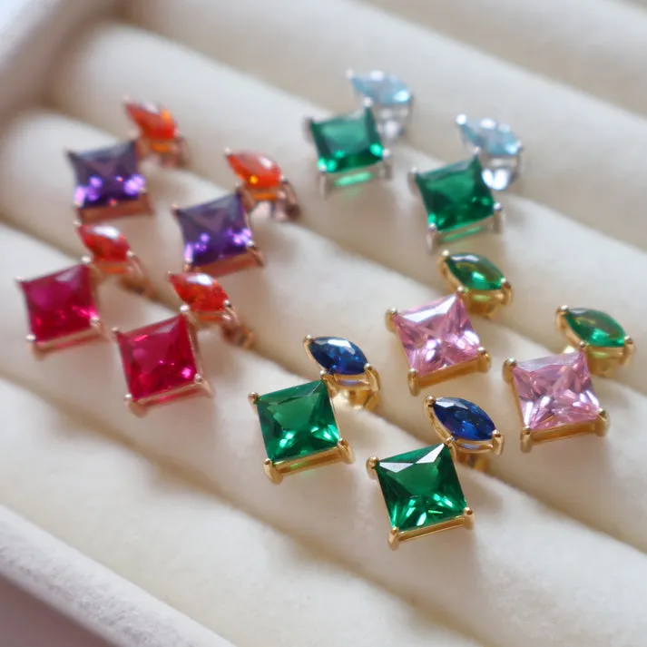 Esme Statement Emerald/Sapphire Stud Earrings - Gold - AS22TRE28