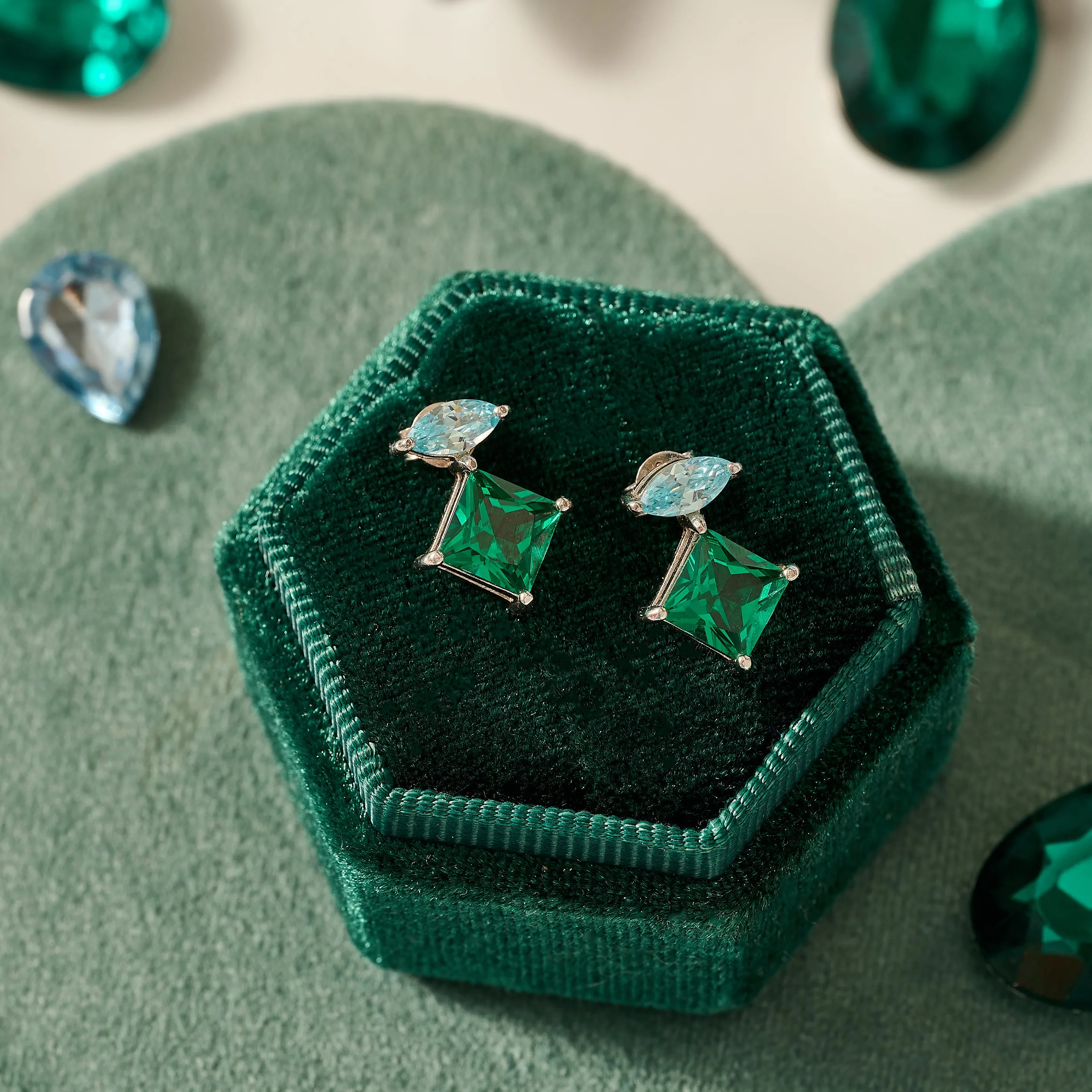 Esme Statement Emerald/Sky Blue Stud Earrings - Silver - AS22TRE10