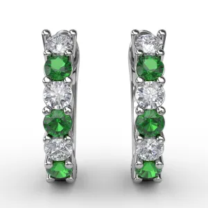 Fana 14k White Gold Shared Prong Emerald And Diamond Hoop Earrings