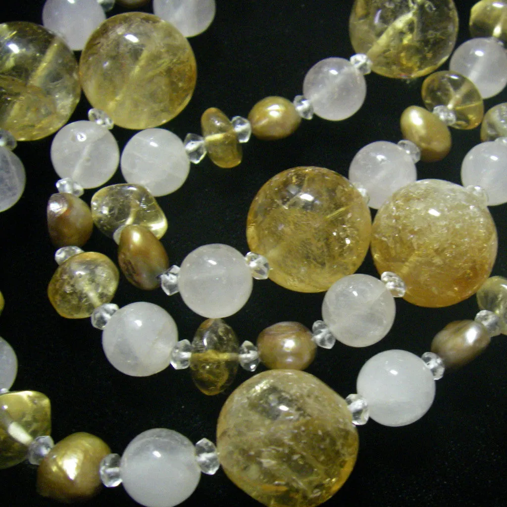 Golden Citrine, Rose Quartz & Pearl Silver Necklace