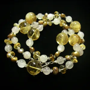 Golden Citrine, Rose Quartz & Pearl Silver Necklace
