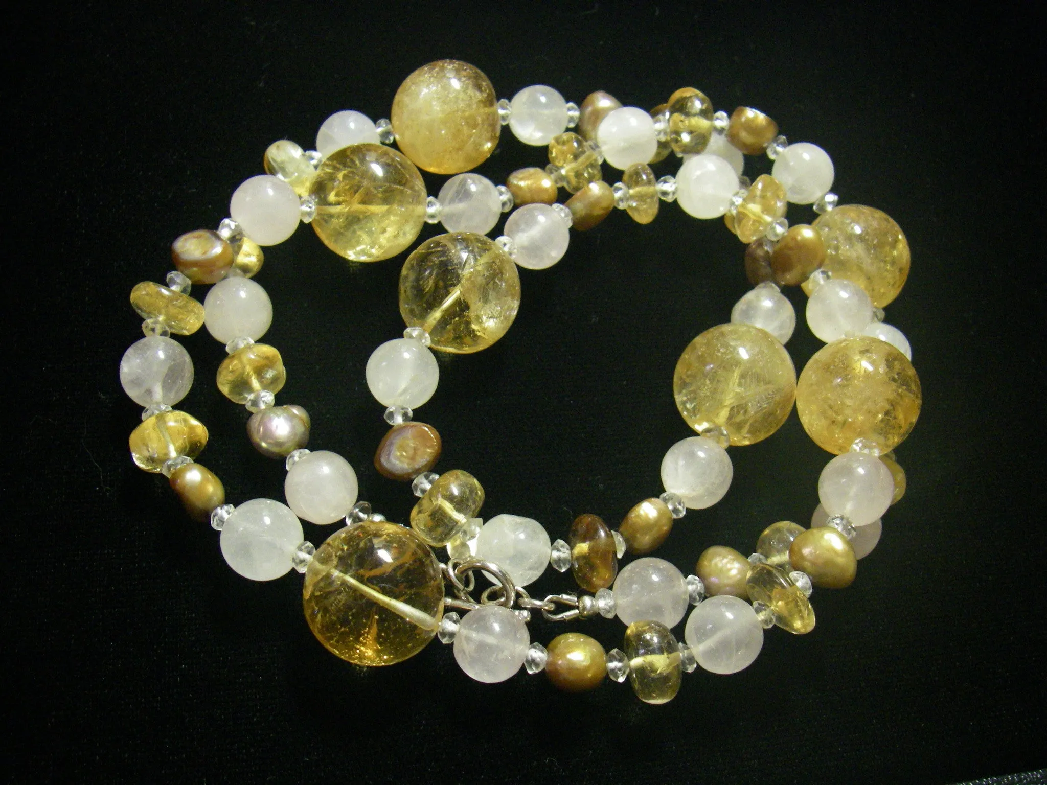 Golden Citrine, Rose Quartz & Pearl Silver Necklace