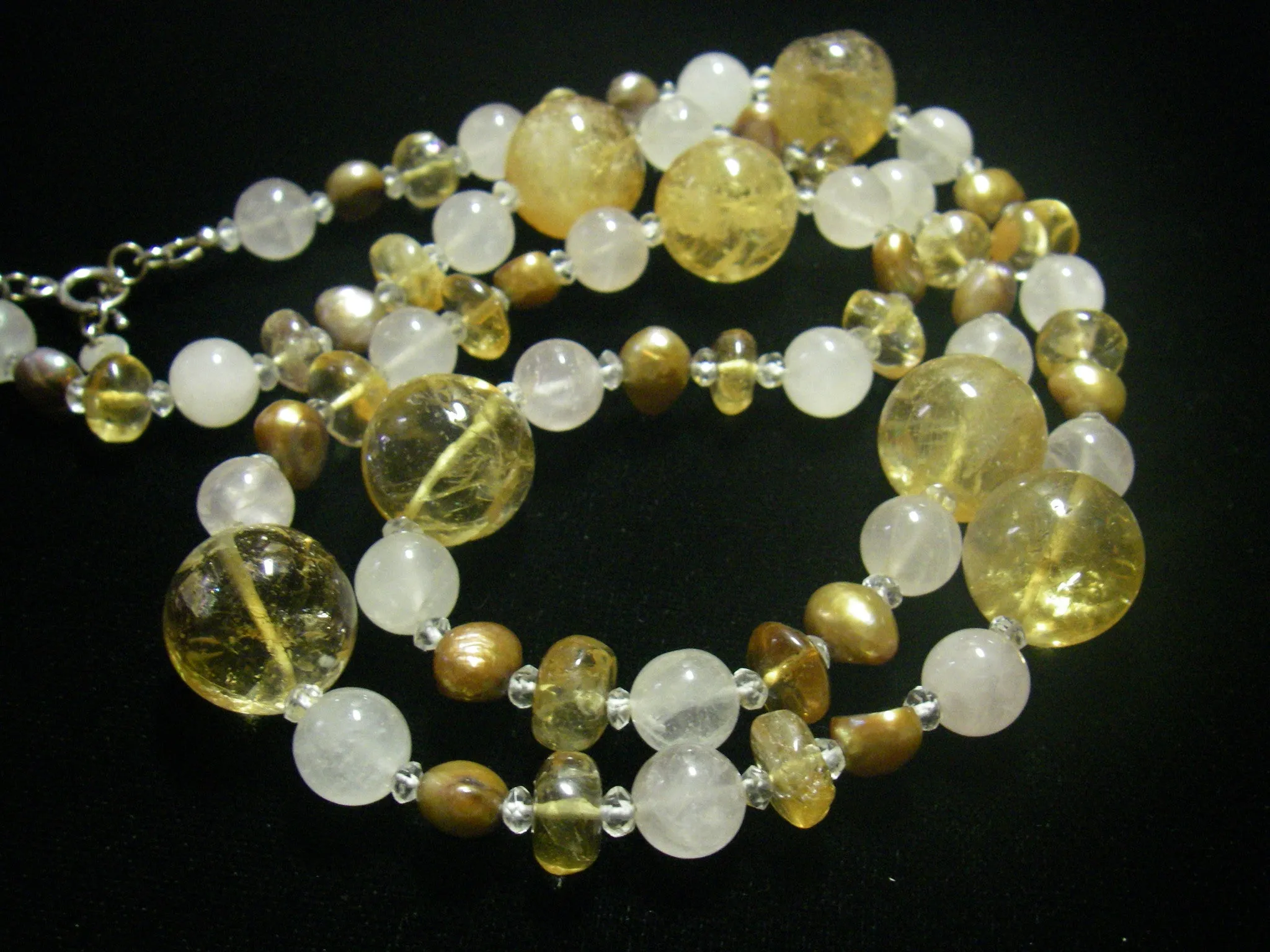 Golden Citrine, Rose Quartz & Pearl Silver Necklace