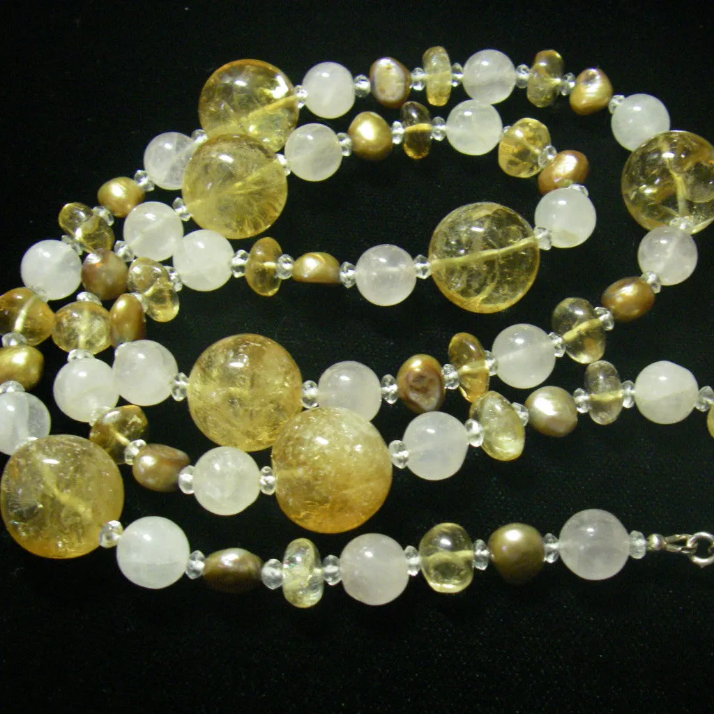 Golden Citrine, Rose Quartz & Pearl Silver Necklace