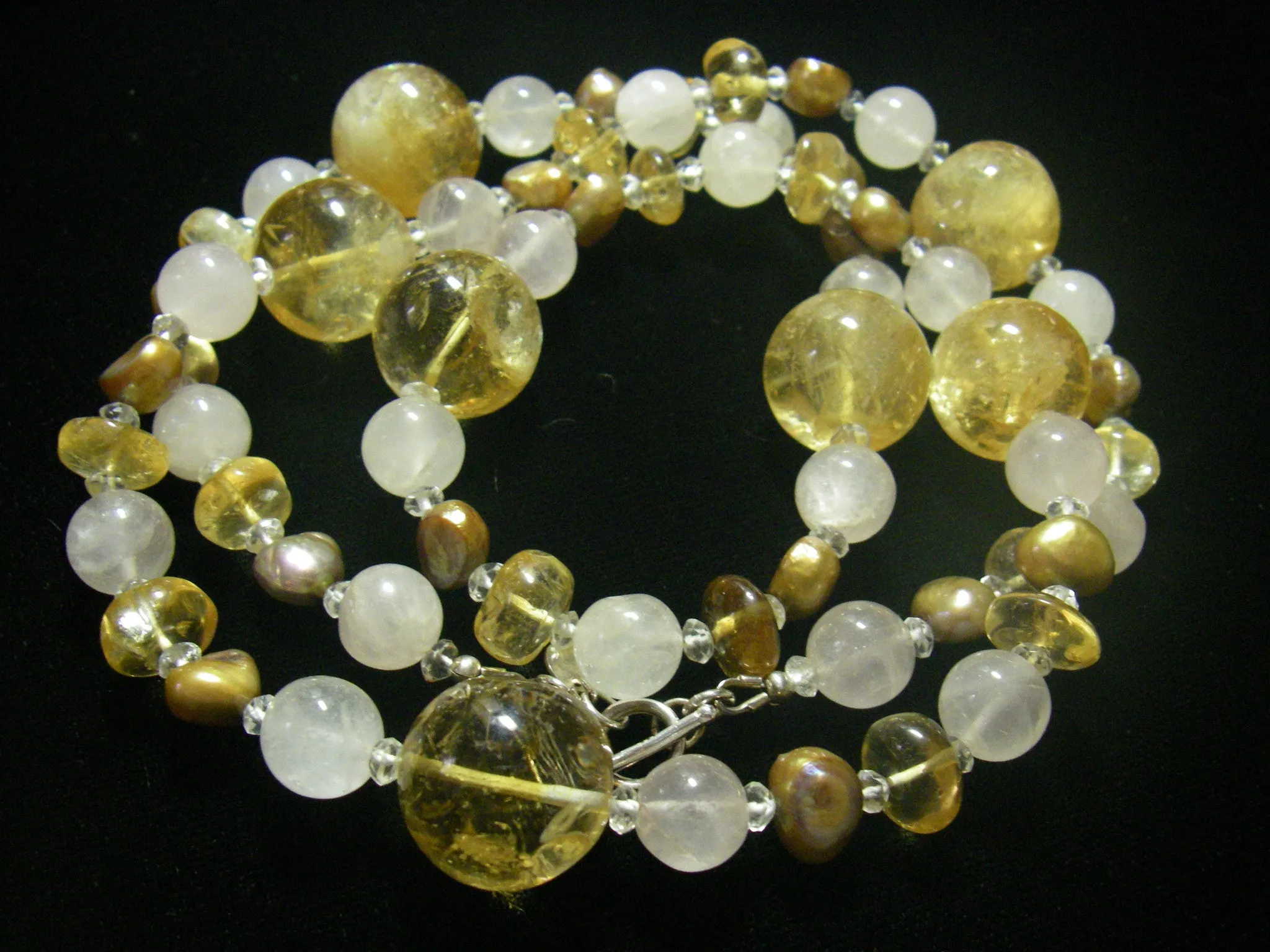 Golden Citrine, Rose Quartz & Pearl Silver Necklace