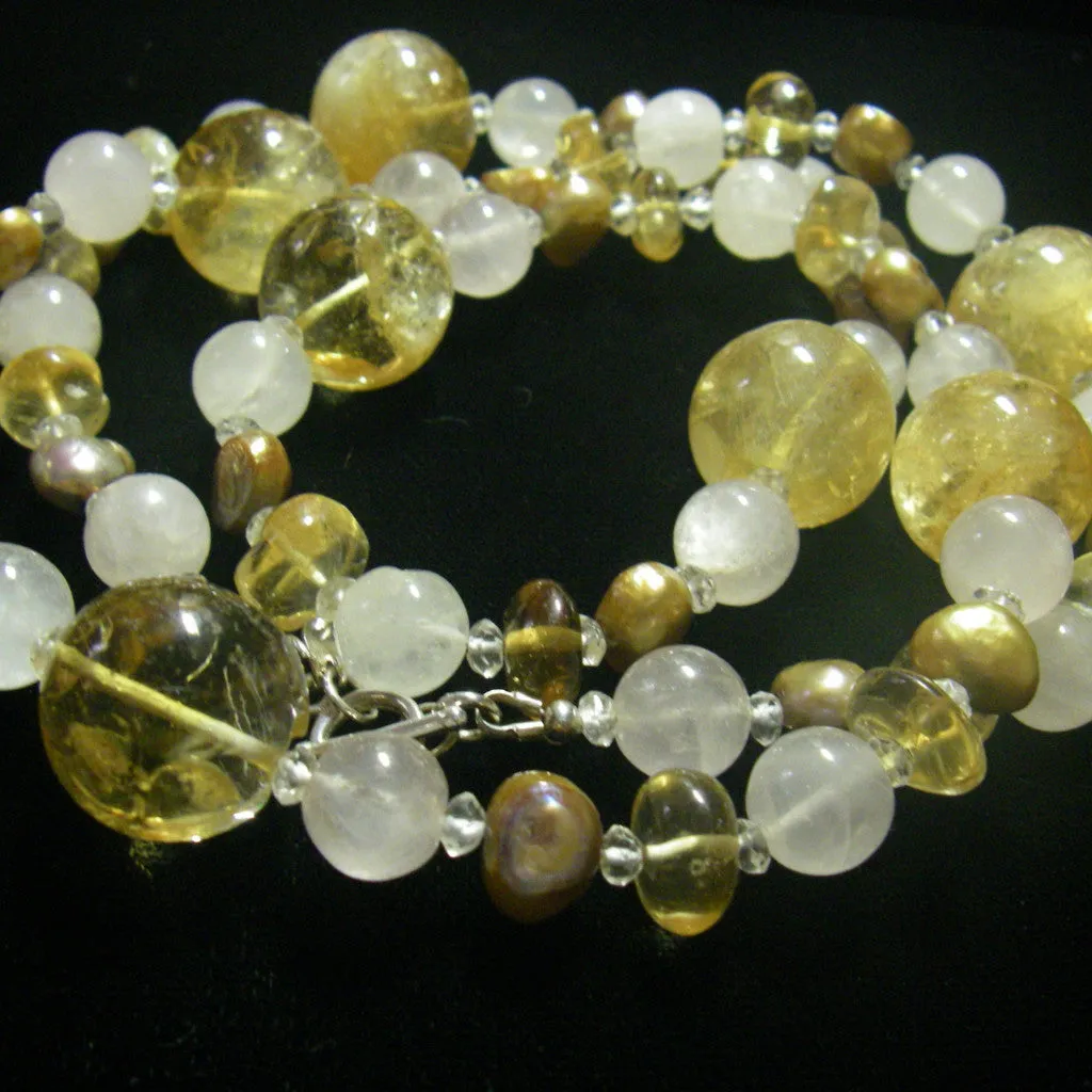 Golden Citrine, Rose Quartz & Pearl Silver Necklace