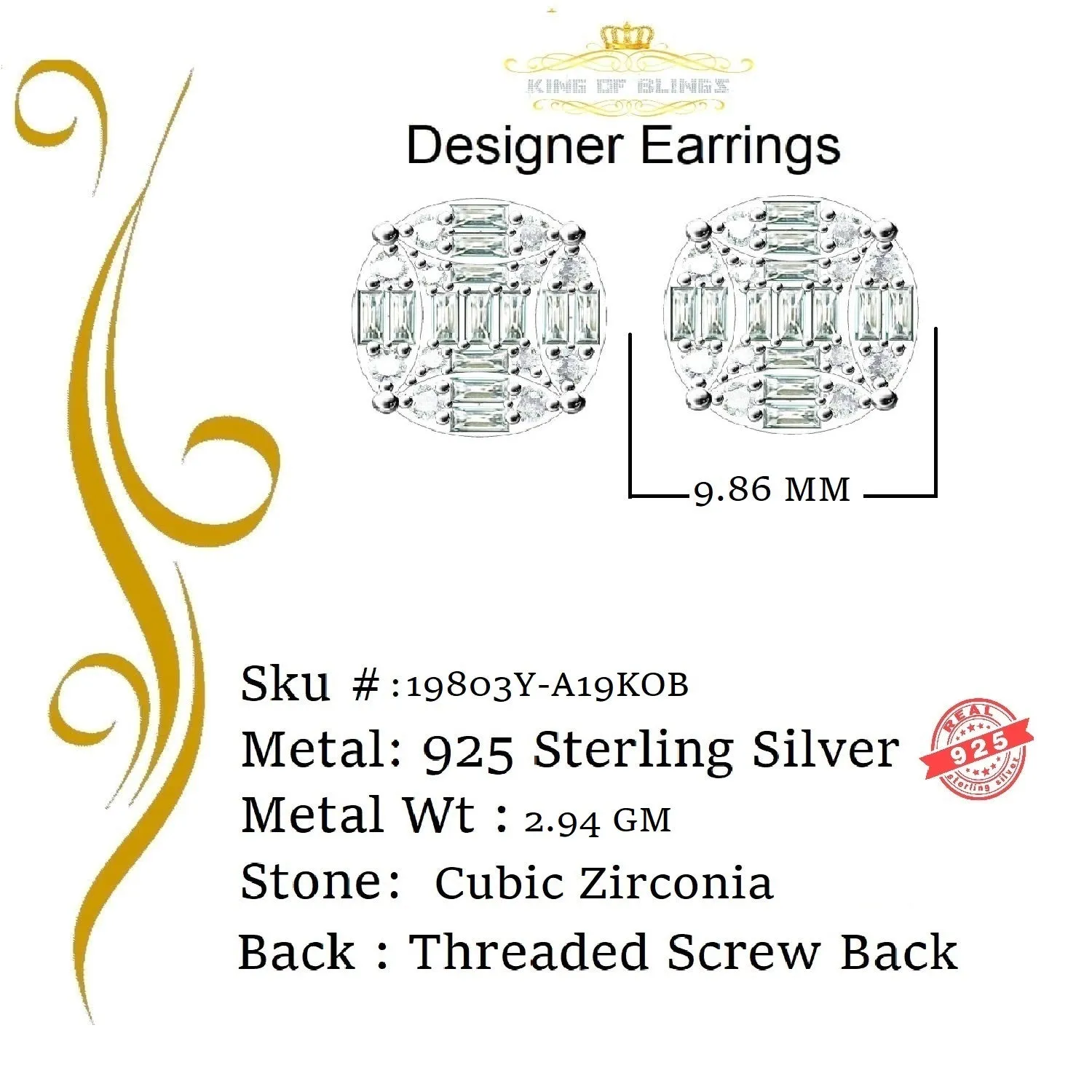 King of Bling's 925 Silver Real 1.02ct Cubic Zirconia Round Yellow Earrings For Men's & Women's