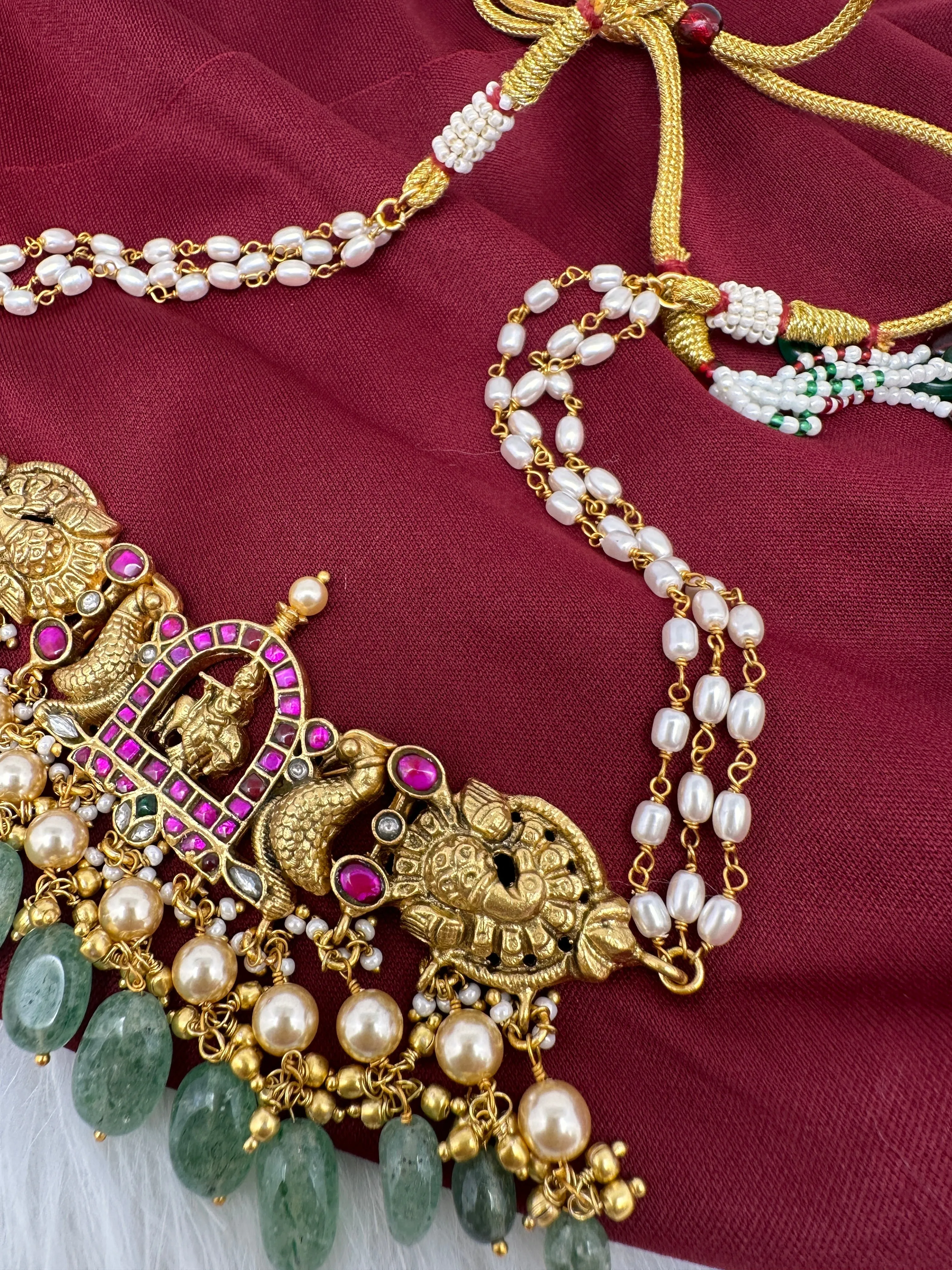 Krishna Jadau Kundan Rice Pearls Emerald Beads CJokerNecklace