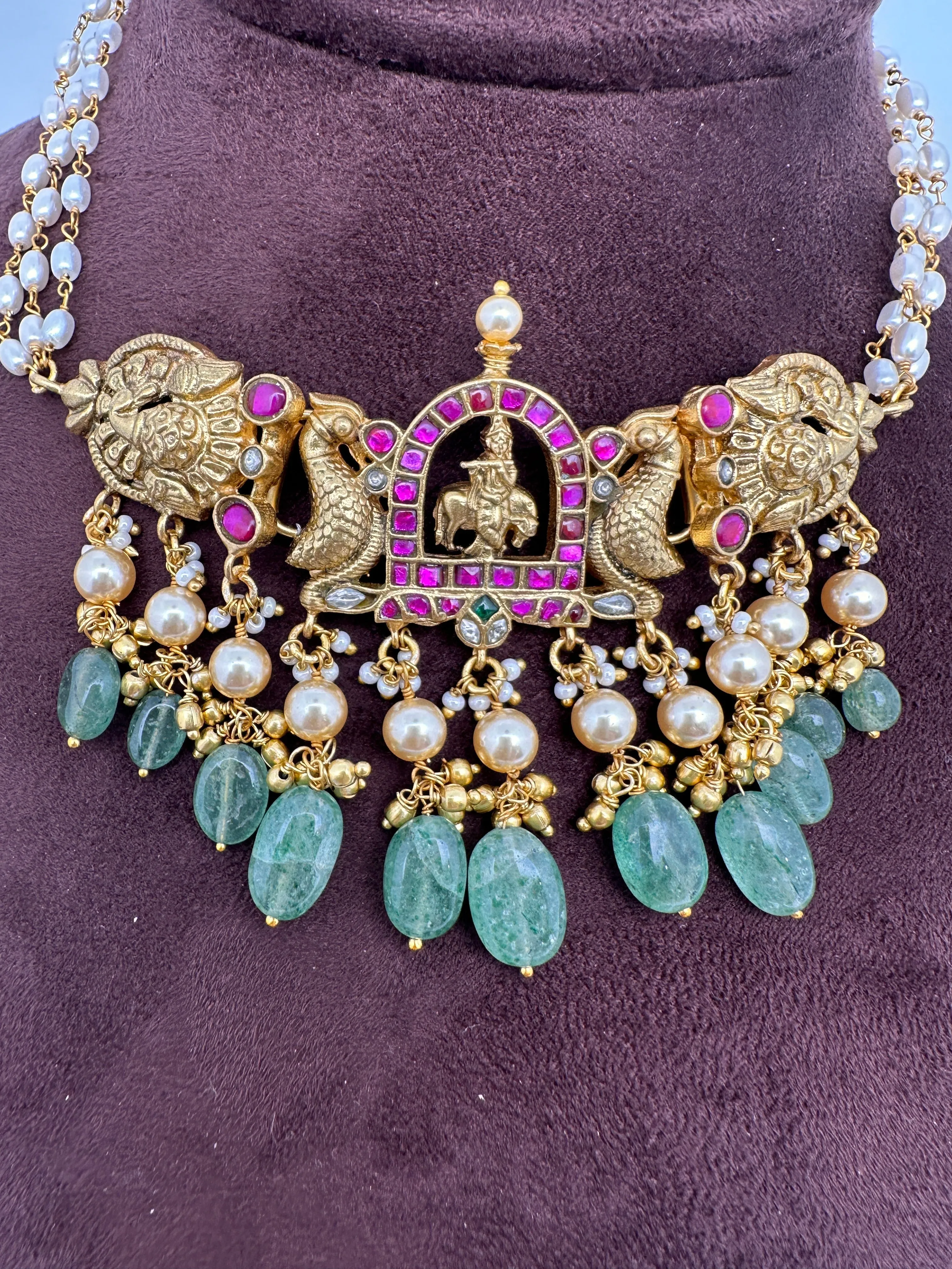 Krishna Jadau Kundan Rice Pearls Emerald Beads CJokerNecklace