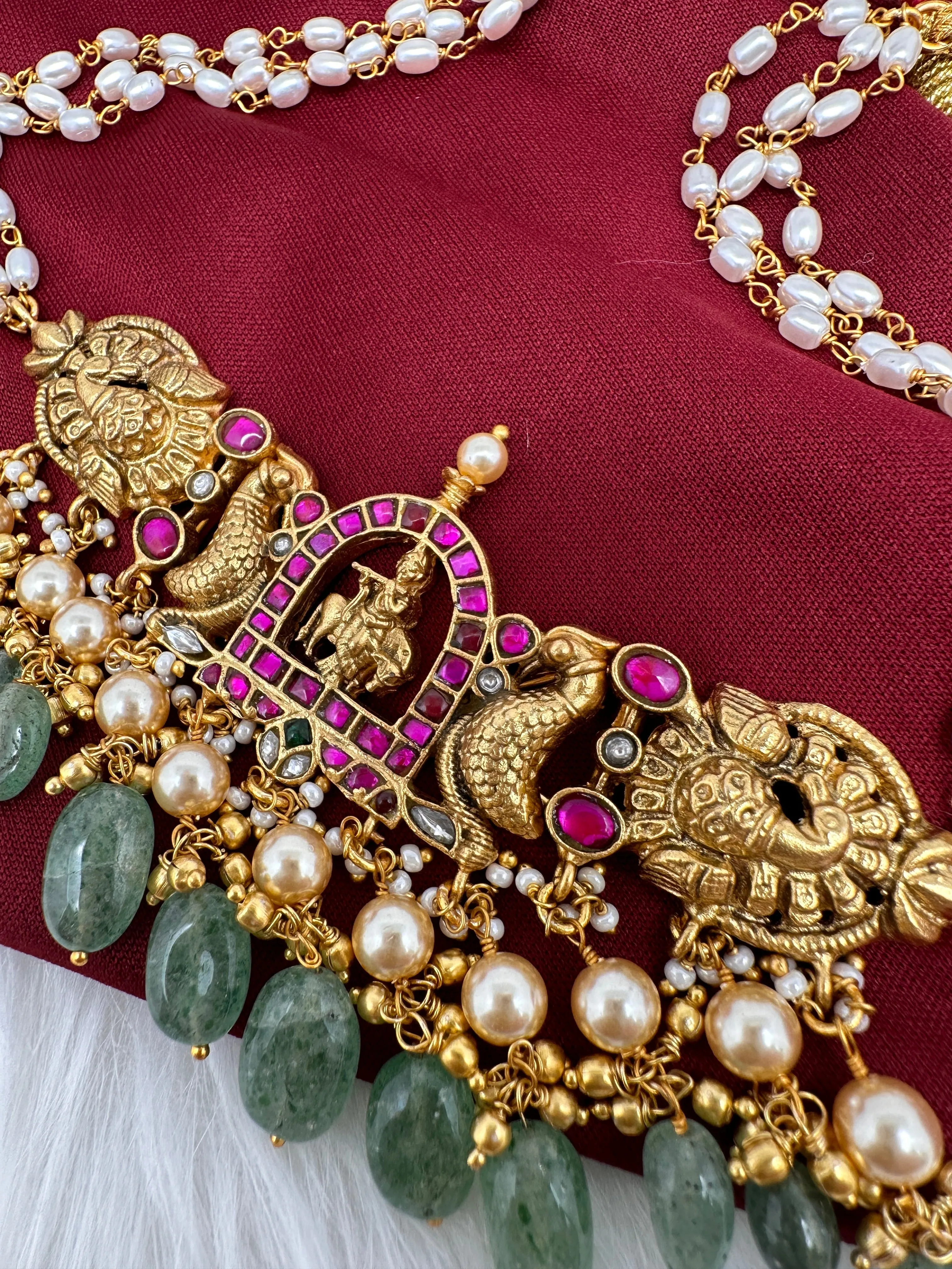 Krishna Jadau Kundan Rice Pearls Emerald Beads CJokerNecklace