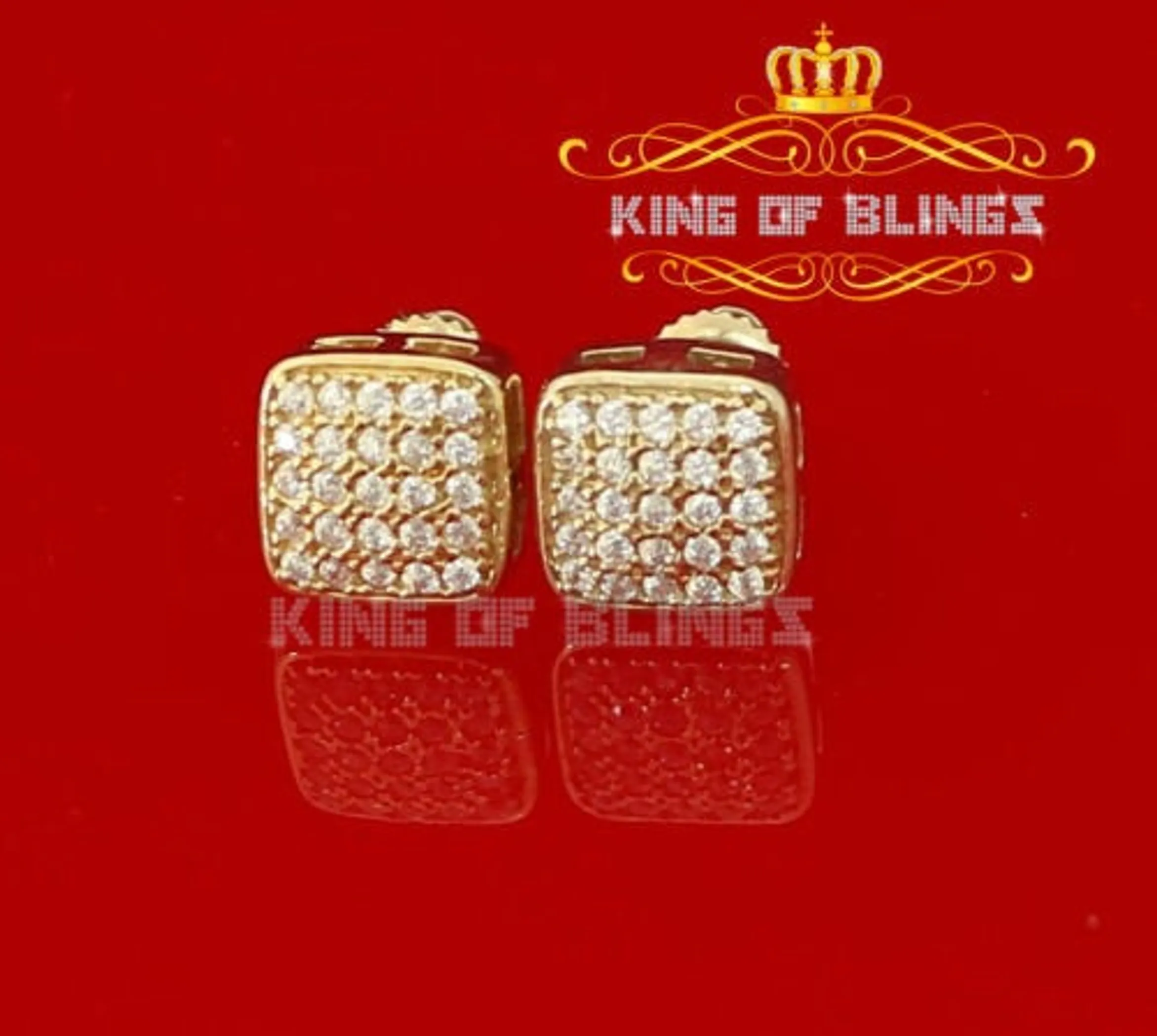 Men's Elegant Square Yellow Gold Sterling Silver Screw Back Hip Hop Stud Earrings