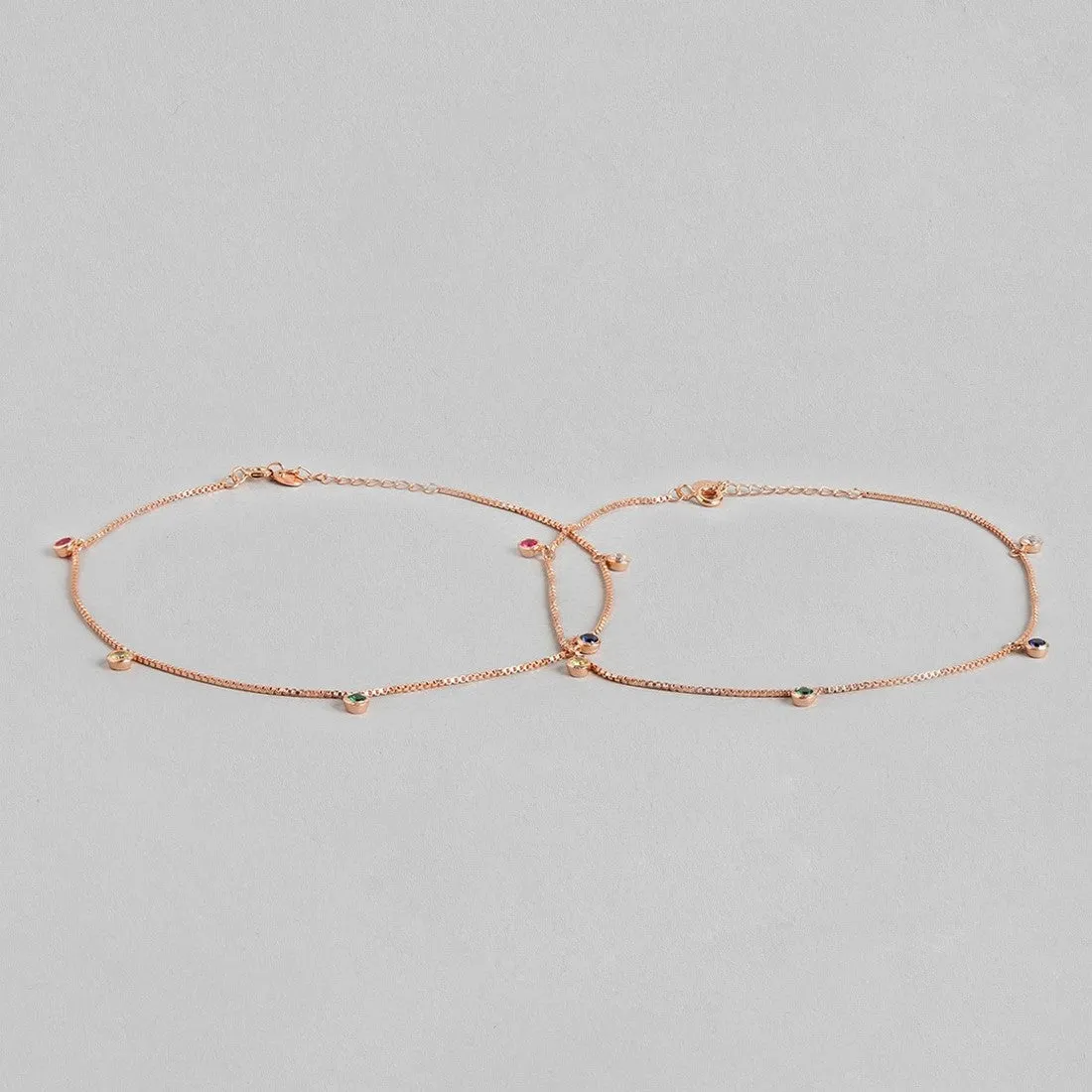 Multi-Colour Charms Rose-Gold Plated 925 Sterling Silver Chain Anklet