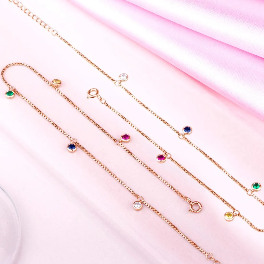 Multi-Colour Charms Rose-Gold Plated 925 Sterling Silver Chain Anklet