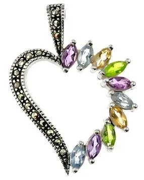 Multi-Gemstone Silver Heart Pendant