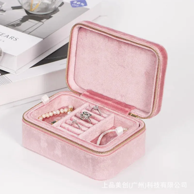 New Double-layer Jewelry Box Women's Travel Portable Ring Necklace Earrings Organizer Flannelette Large-capacity Storage Box