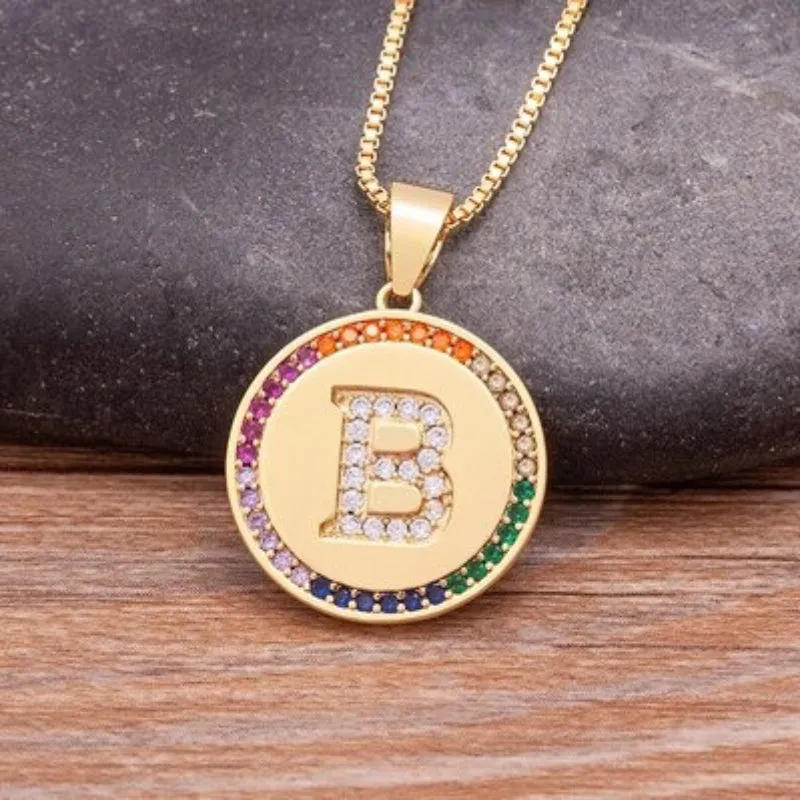 Personalized Rainbow Zircon Bejeweled Initial Letter Pendant Necklaces