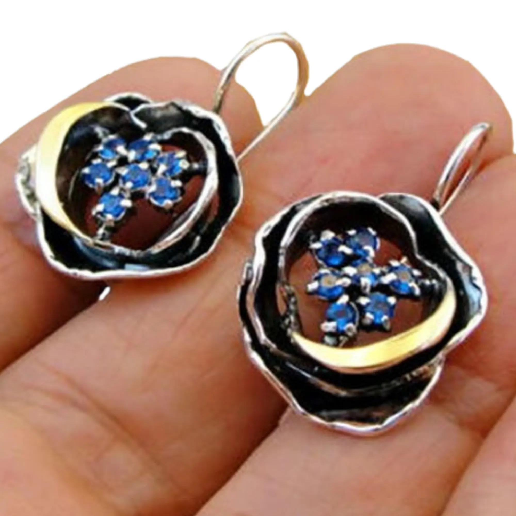 Rose contour 9K Gold, Sterling silver and Blue Zircon mid size Earrings, flower shape earrings
