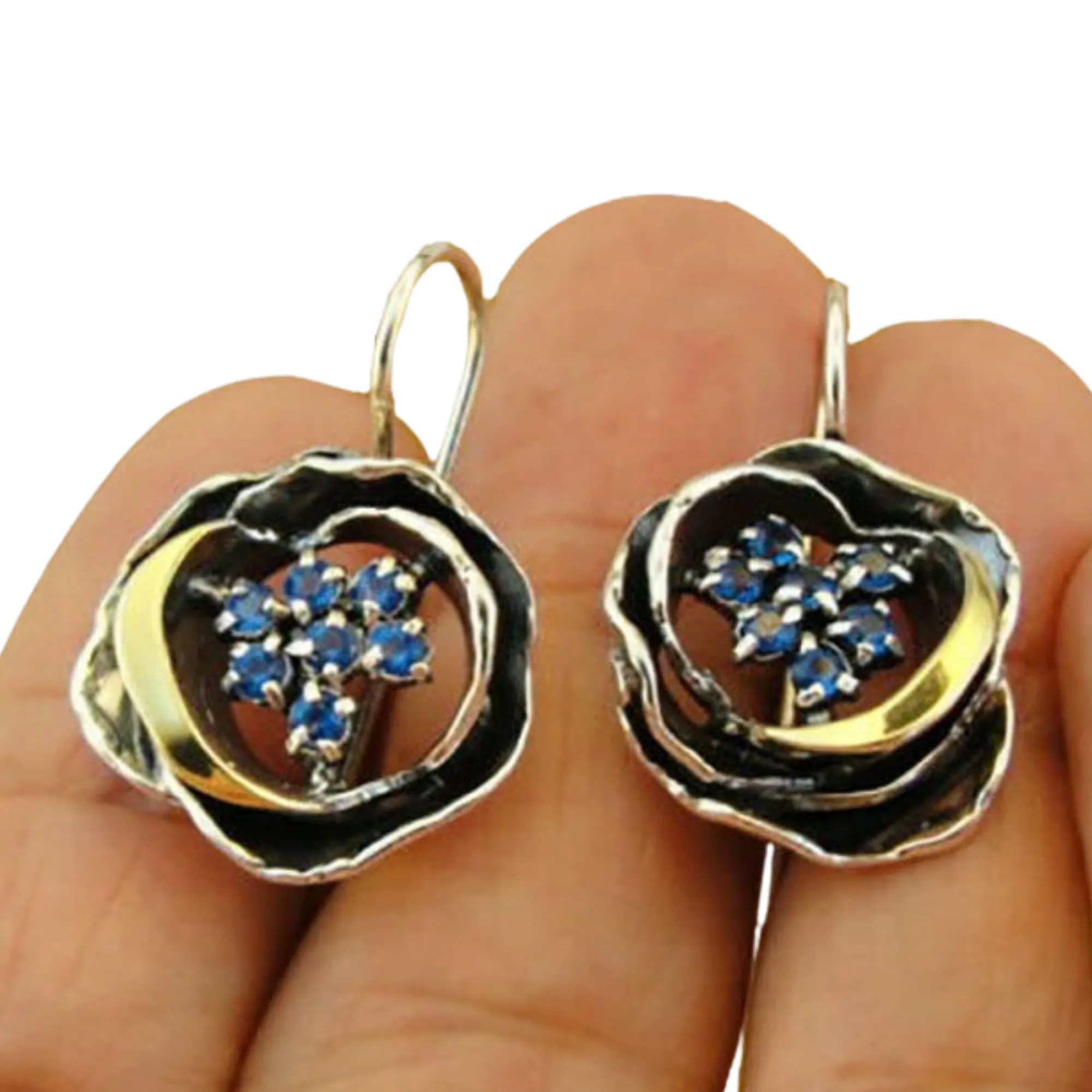Rose contour 9K Gold, Sterling silver and Blue Zircon mid size Earrings, flower shape earrings